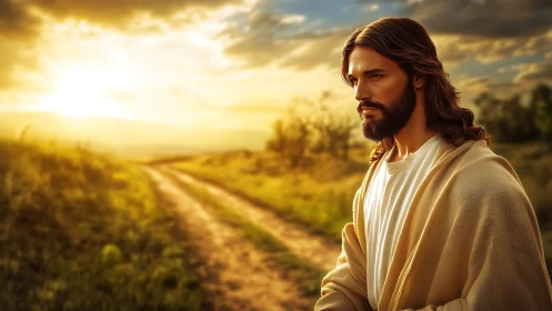 Sunlit wanderer on the dusty road of quiet devotion.