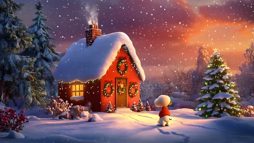 Snowlit festive cottage with cartoon dog in winter dusk.