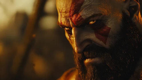 Warrior closeup with crimson warpaint and burning gaze.