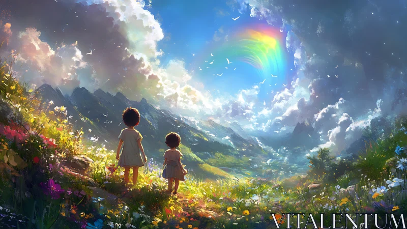 Children observing rainbow over illuminated mountain valley.
