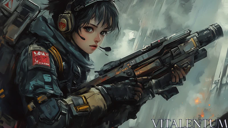 Cyberpunk sniper steadies her aim amid burning city ruins