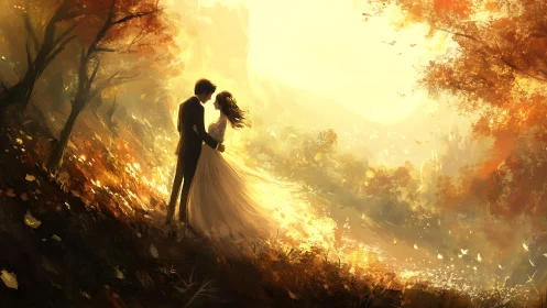 Couple Embracing in Golden Autumn Forest Light.