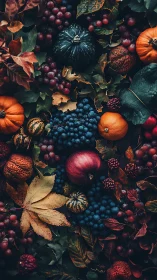 Still life arrangement shows gourds, grapes and autumn leaves