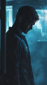 Moody teal-lit portrait isolates a wounded man in profile