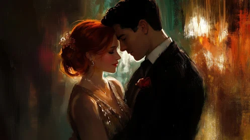 Red-Haired Woman and Dark-Suited Man in Intimate Moment.