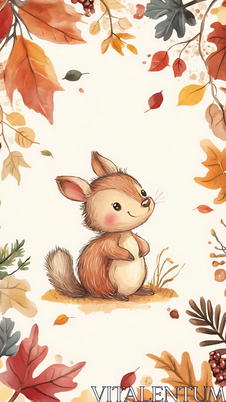 Cute squirrel illustration framed by warm autumn leaves