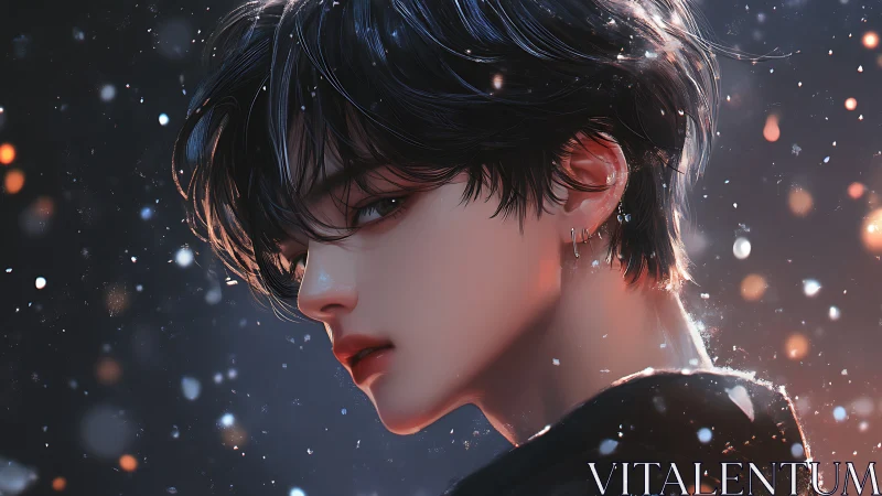 Moody side portrait of androgynous teen amid glowing embers.