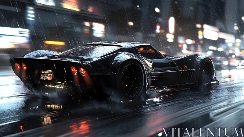 Black sports car moves through wet city street in heavy rain