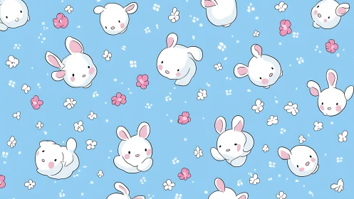 Cute white bunny pattern fills bright blue seamless background