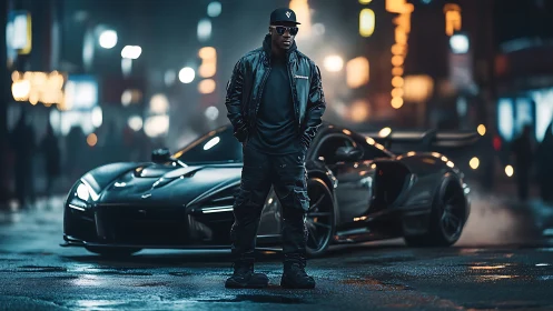 Midnight city driver stands confidently by sleek supercar