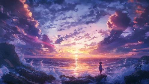 Sunset-lit ocean horizon embraces a lone silhouette dreamer.