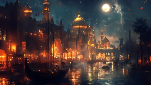 Luminous canal citadel under moonlit atmospheric haze panorama.