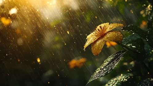 Golden Flower Backlit by Rainfall and Luminous Particles