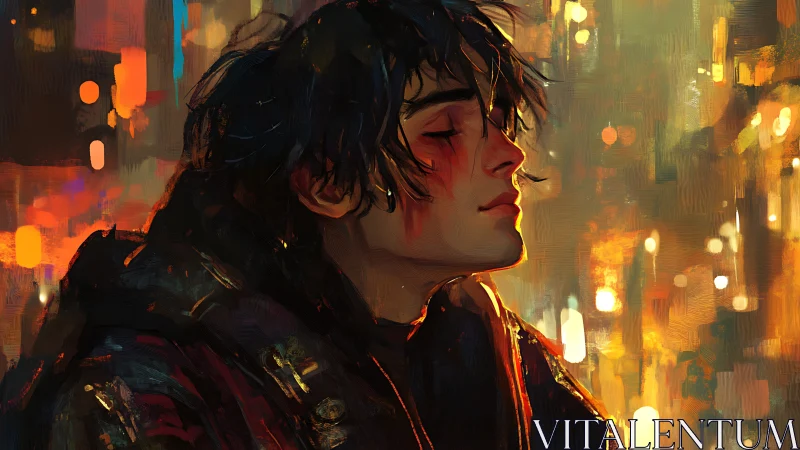 Melancholic youth in neon city glow, impressionist strokes.