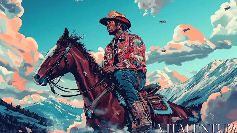 Neon sky cowboy rides above snowlit mountains and clouds.