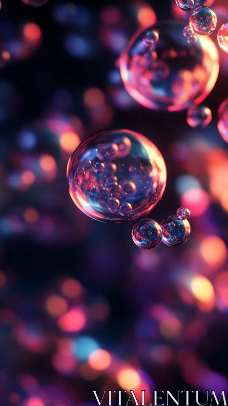 Glowing soap bubbles drift gently through dreamy neon light