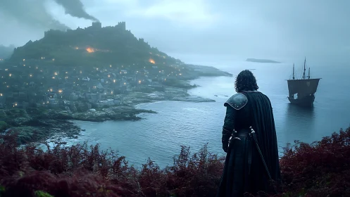 Armored warrior overlooking burning coastal fortress at dusk