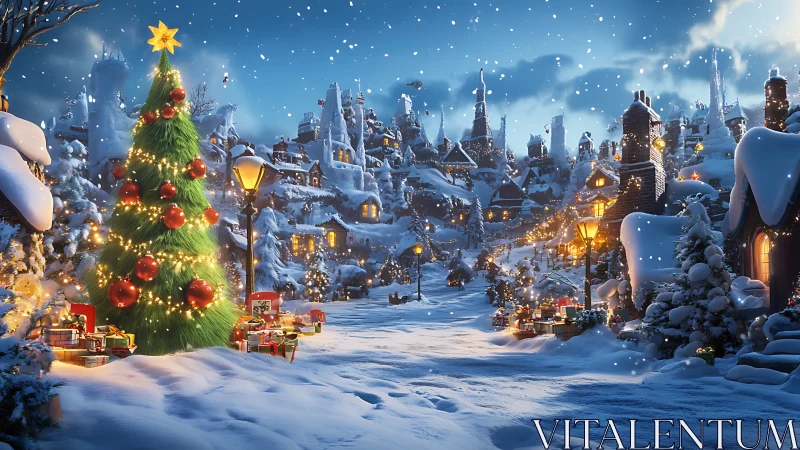 Snowlit Christmas village with glowing tree and gifts.