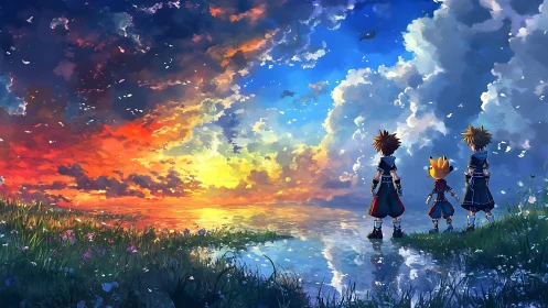 Sky-splitting horizon invites three dreamers into painted light