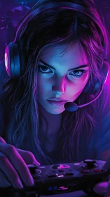 Focused gamer girl in neon headset holding controller.