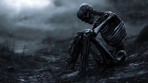 Silent skeleton dreaming under a storm-darkened sky.