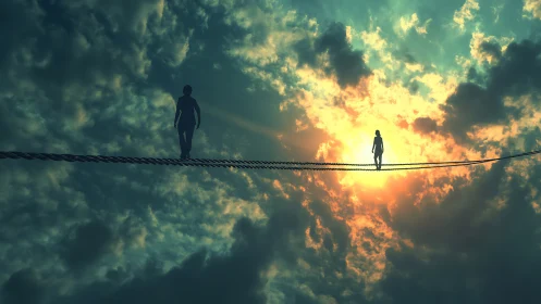 Two quiet silhouettes walk a high rope across a glowing sky