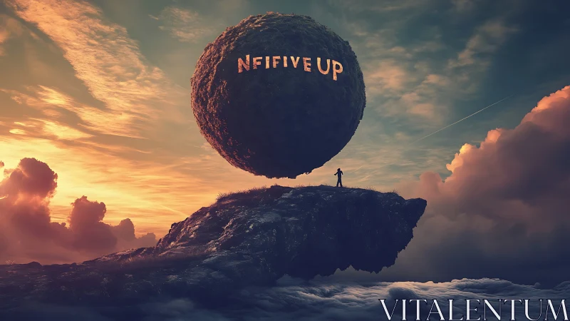 Colossal floating boulder with glowing NFIVEUP text at dusk.