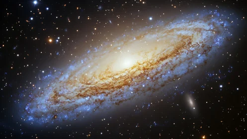 Edge-on spiral galaxy with central bulge and star field.