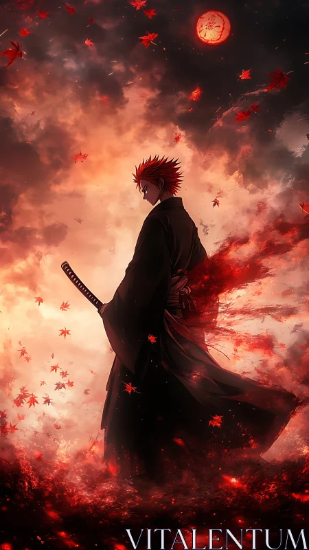 Crimson moon samurai storms through burning autumn sky.