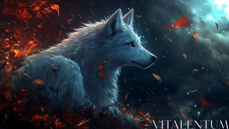 Luminous white wolf amid stormlit autumn leaves at dusk.
