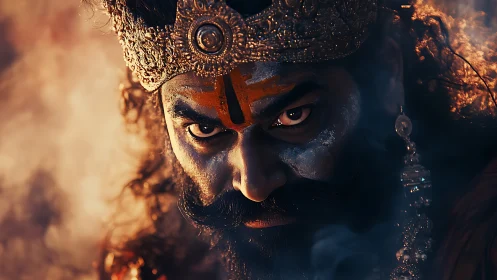 Intense mythic warrior stares through firelit ceremonial haze