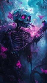Skeleton holds bird amid neon butterflies in dark forest