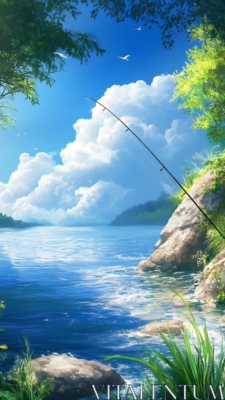 Fishing rod rests beside clear lake under dense cumulus clouds