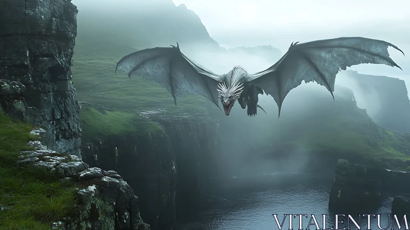 Dragon flies over misty coastal cliffs and narrow fjord