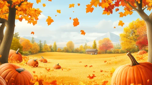 Bright pumpkin field stretches toward distant autumn mountains