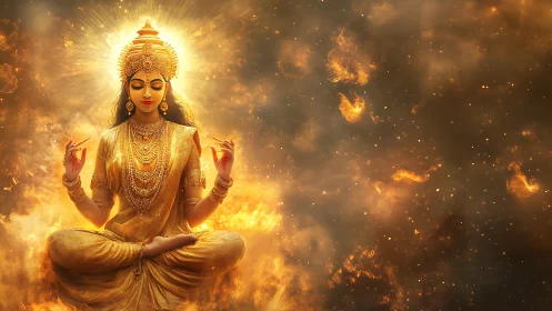Radiant golden goddess meditates in a blazing cosmic aura