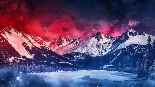 Dreamy winter mountains under a glowing crimson sky.