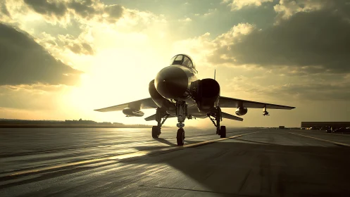 Fighter jet faces low sun while taxiing along empty runway