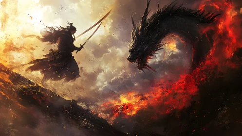 Samurai duelist confronts fire-wreathed dragon amid volcanic storm