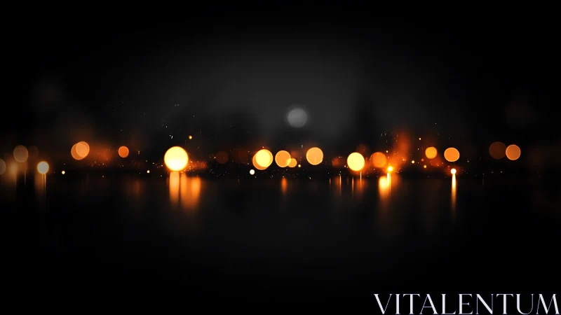 Luminous amber bokeh orbs over reflective black field.