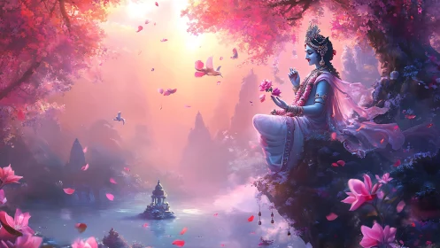 Gentle blue deity resting in a dreamy pink blossom paradise.