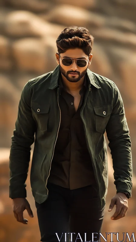 Man walking outdoors in jacket and sunglasses, front view.