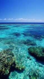 Shallow coral reef in clear tropical sea under deep blue sky