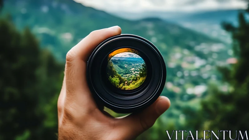 Hand-held camera lens isolates sharp valley scene with deep bokeh