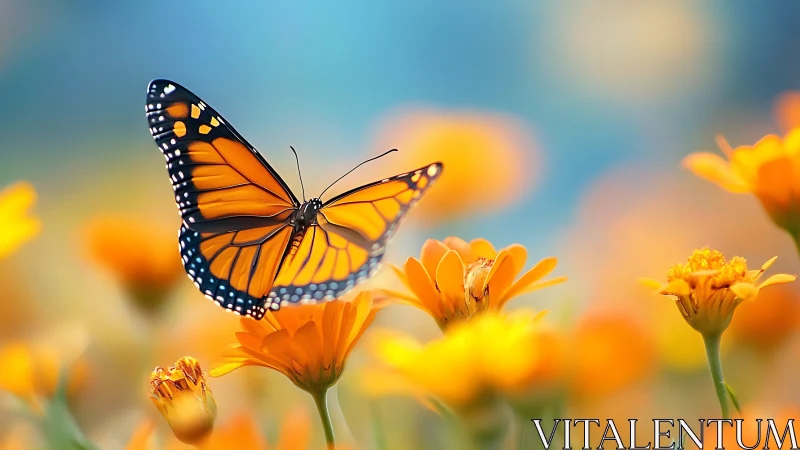 Monarch butterfly glides over glowing orange daisies in bloom.