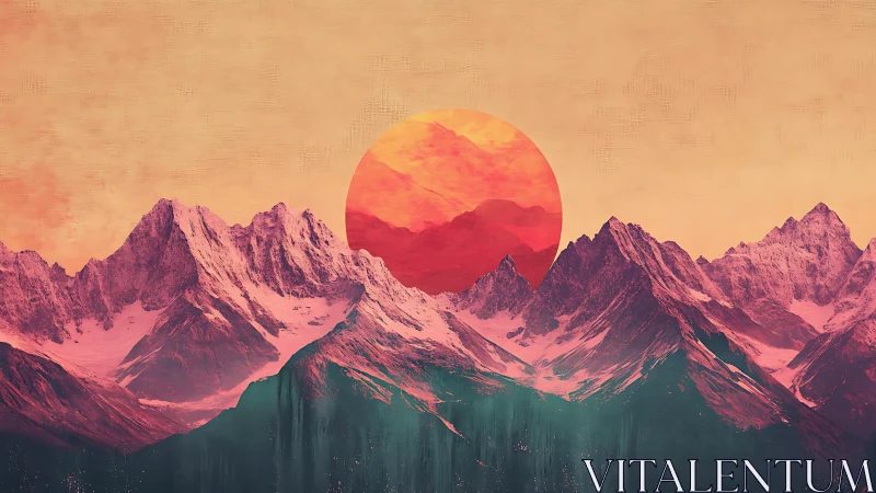 Crimson sun melting over sherbet mountains at dusk.