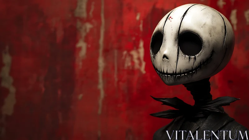 Tall skull-headed figure against distressed red backdrop.