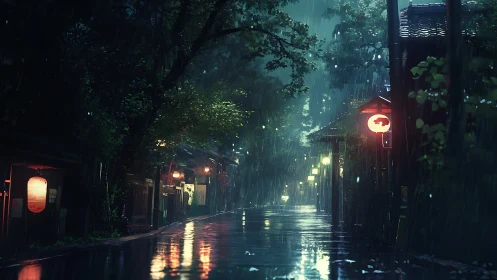 Rain-soaked lantern street in quiet night scene.