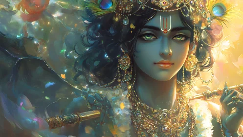 Radiant blue-skinned deity gazes softly through jeweled light
