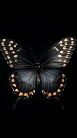 Midnight butterfly with ember-tipped wings in velvet dark.